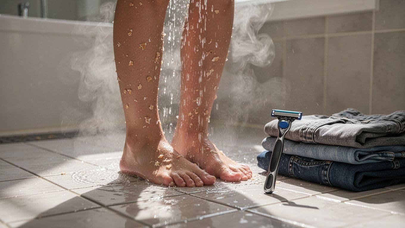 Woman's legs in a steamy shower with a dull razor, hot water cascading, dry skin flakes, and tight clothes nearby, depicting bad shaving practices leading to irritation in a realistic bathroom setting.