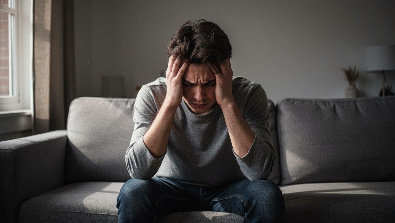 A single young adult sits alone on a couch in a dimly lit living room, head in hands with slumped shoulders and furrowed brow, conveying deep stress and anxiety. Subtle shadows emphasize isolation, rendered in realistic style with soft natural light from a window.