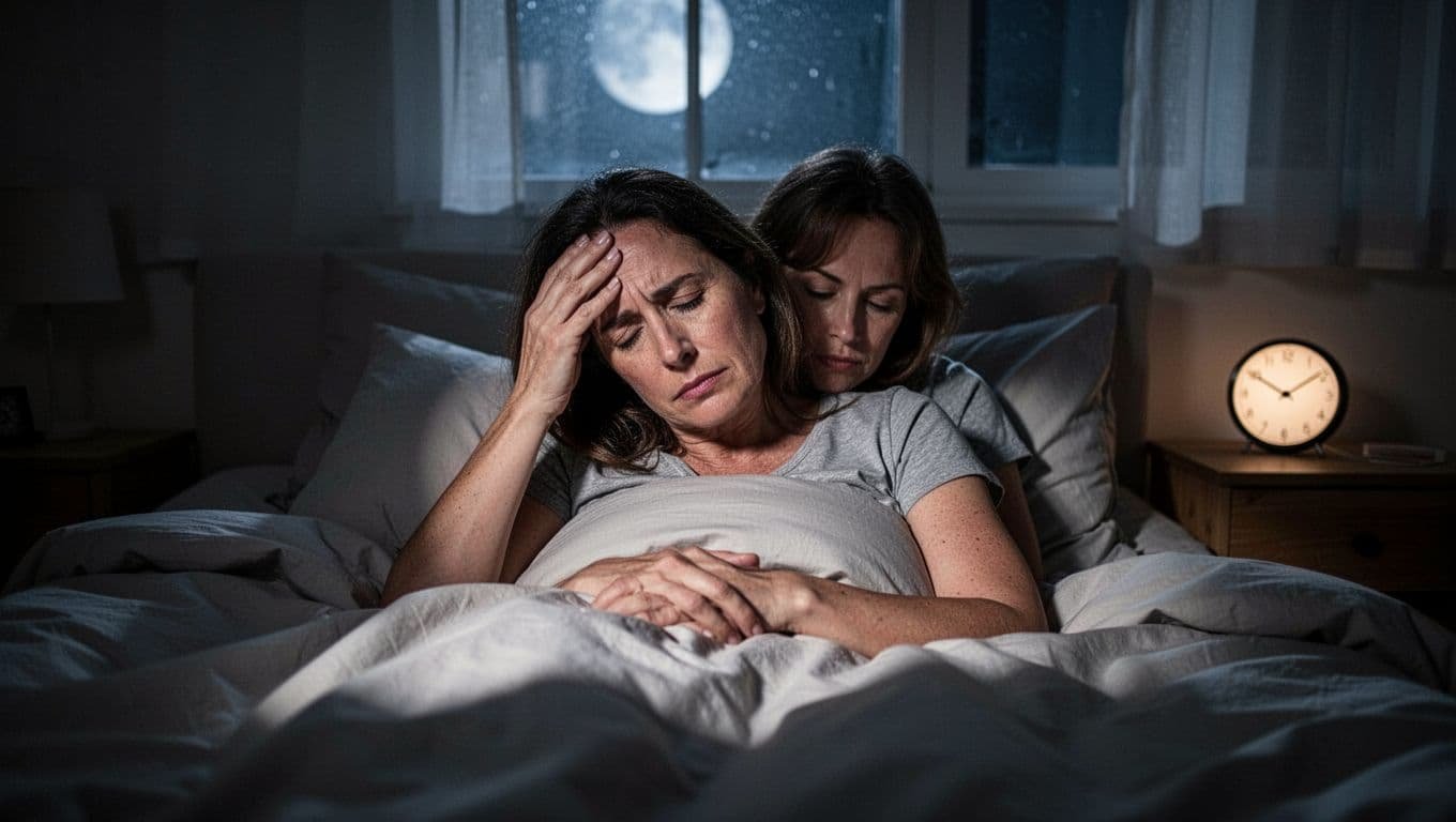 Woman in her late 30s lies awake in bed at night, hand on forehead, stressed expression, clock showing 2 AM on nightstand.