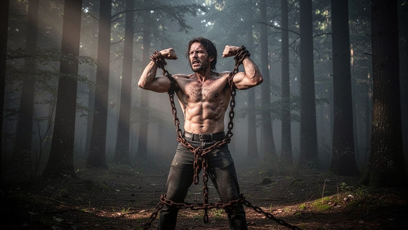 A person desperately strains against thick, rusted chains binding wrists and ankles in a misty dark forest, with faint light rays symbolizing hope amid dramatic side lighting.