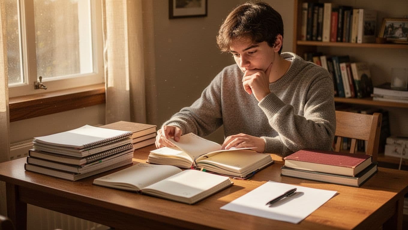 A focused student in a cozy afternoon study room with warm sunlight divides notebook pages into 3-5 distinct chunks on the desk, blank paper and pen nearby for recall testing.