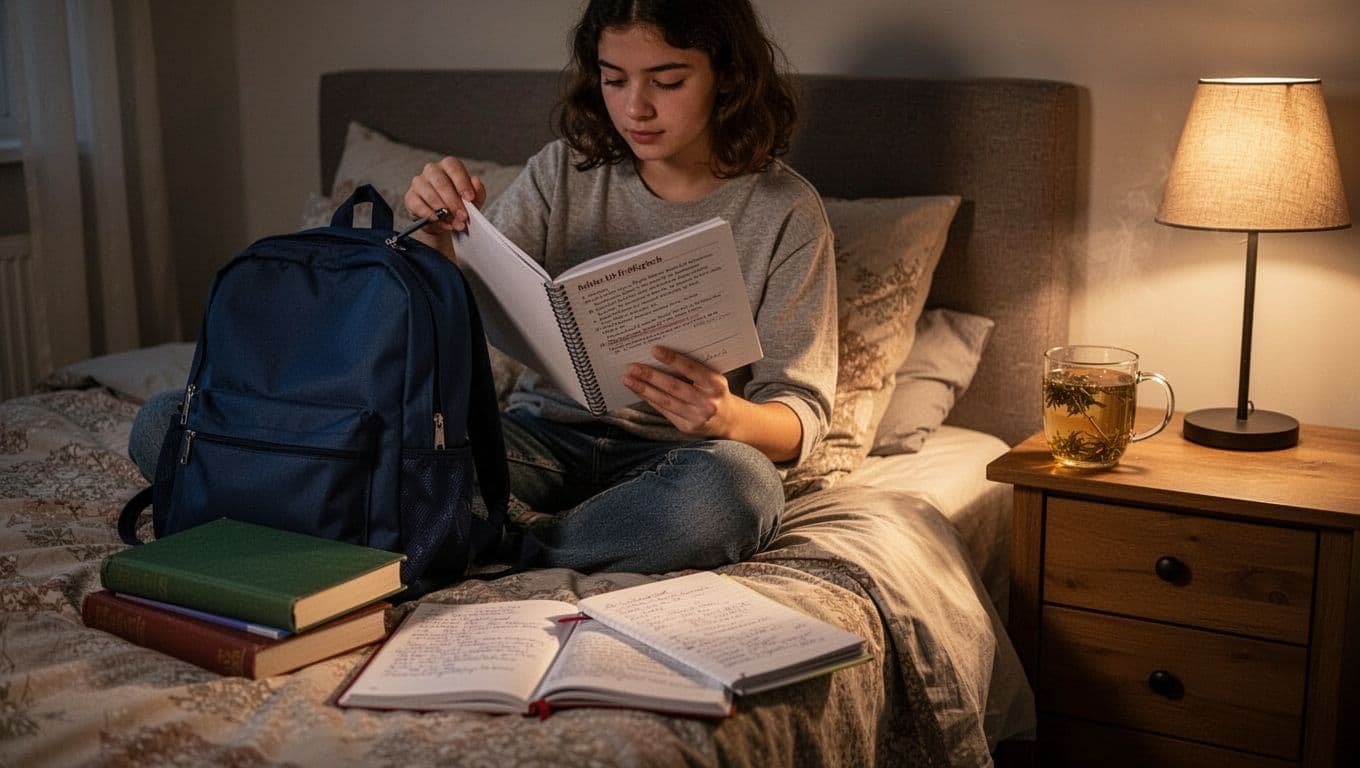 In a cozy evening bedroom, a single student sits relaxed on the bed packing their school bag with neatly arranged textbooks and notes nearby, lightly scanning notes in hand while sipping herbal tea from a mug on the nightstand under dim warm lamp light.
