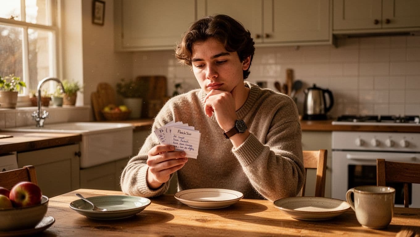 A young adult student at a sunny breakfast table in a cozy kitchen holds a stack of handwritten flashcards, actively self-testing by examining one card thoughtfully with hand on chin, bathed in warm morning natural light.
