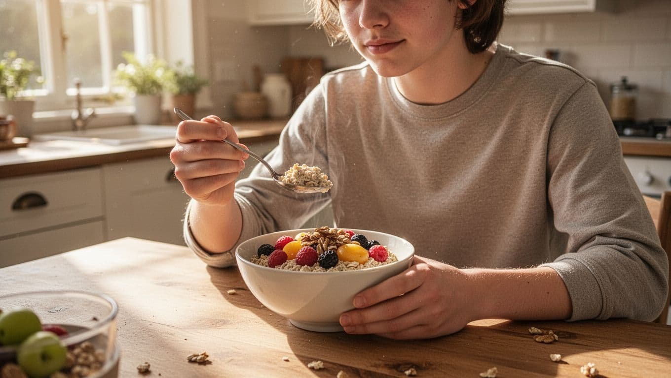 A single student seated at a sunny kitchen table savors a healthy breakfast of oats, fruit, and nuts with a relaxed, confident posture, illuminated by warm natural morning light in a simple cozy kitchen.