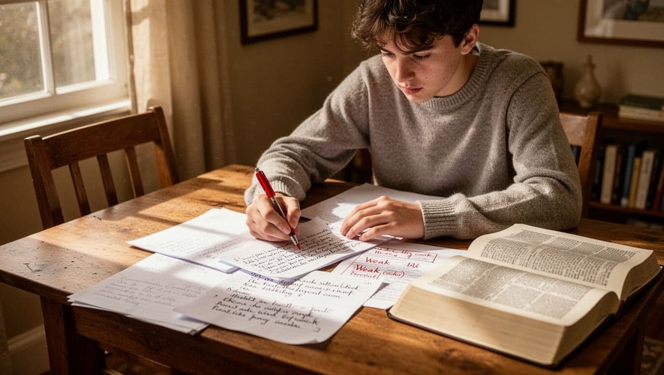 A focused student sits at a wooden desk in a cozy room, reviewing handwritten notes and marking weak areas with a red pen, with an open textbook nearby under natural window light.