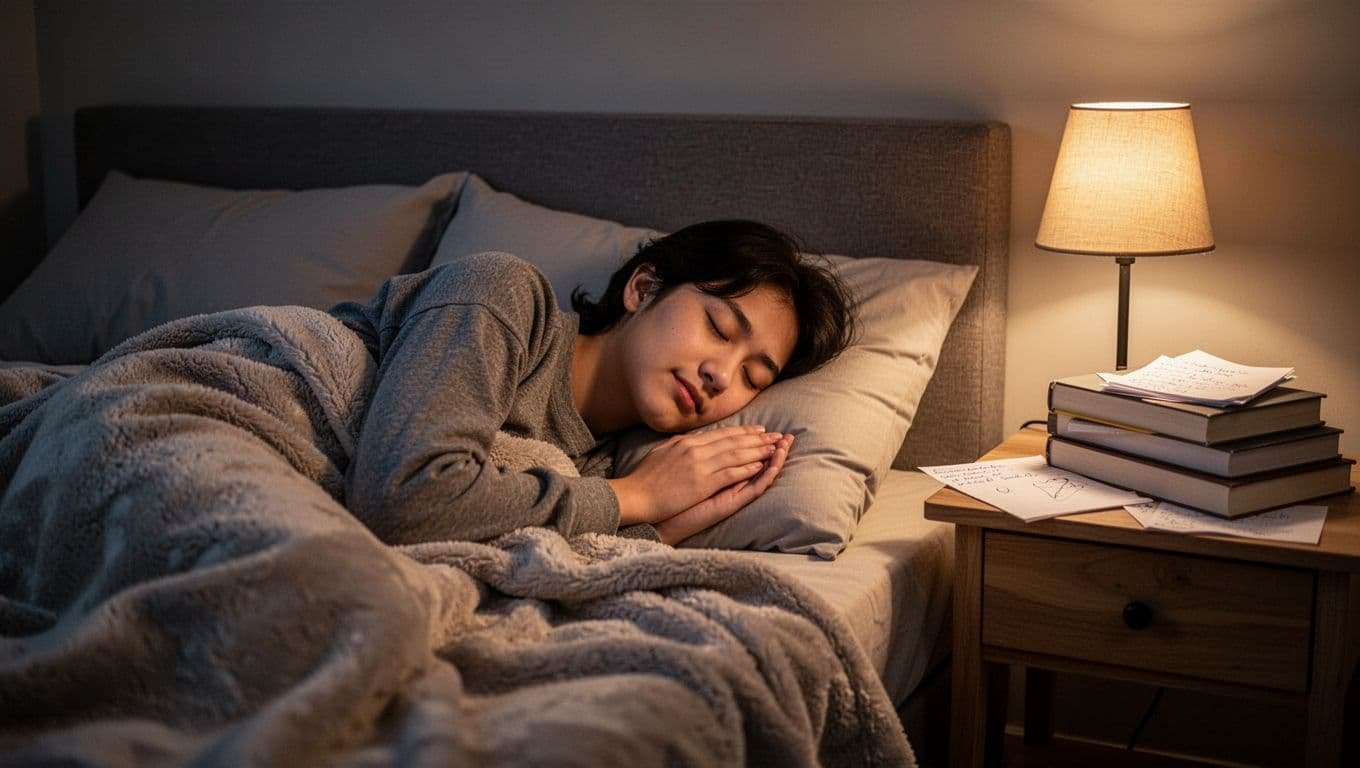 A serene night-time bedroom scene with a single student sleeping peacefully under soft covers in a cozy bed, books and notes stacked on a nightstand beside a dim lamp emitting warm light, evoking a calm and restful atmosphere.