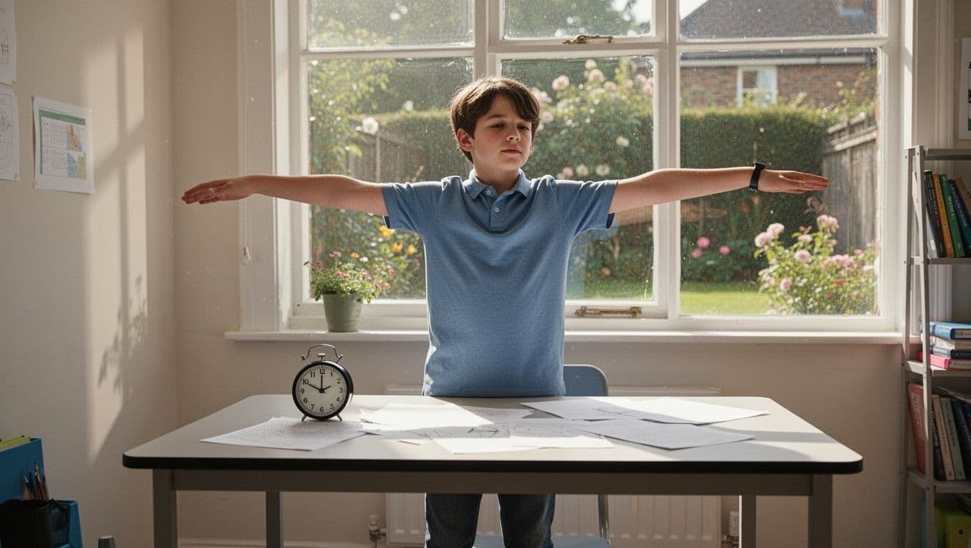 A student stands from their desk in a bright morning study room, arms stretched in a relaxed pose after the 25-minute Pomodoro timer finishes, with natural sunlight from a garden-view window illuminating the simple desk with notes.