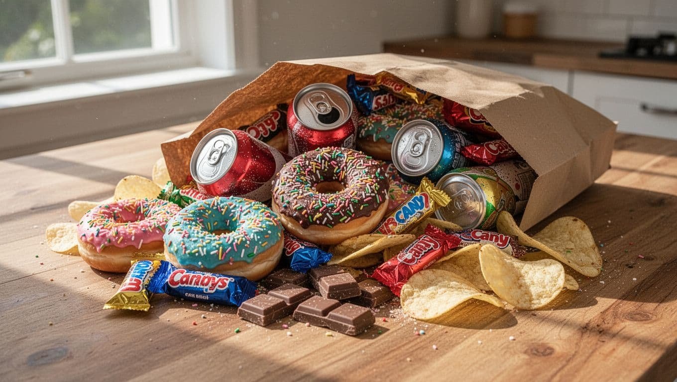 Colorful donuts, soda cans, candy bars, chocolate, and chips spill from a paper bag on a wooden table.