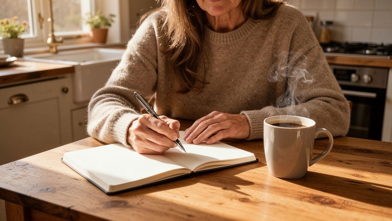 A single adult sits relaxed at a wooden kitchen table in a sunlit morning kitchen, writing in an open blank journal with pen in hand and steaming coffee mug nearby, showing a focused calm expression in natural warm sunlight.