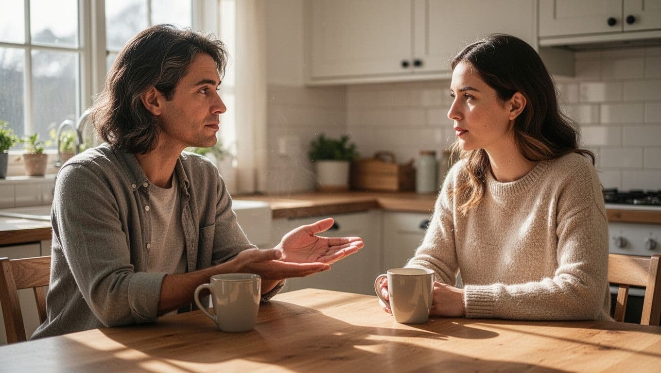 A couple in their 30s sits at a sunlit kitchen table with coffee mugs, one reaching out gently with an open palm while the other listens attentively with calm, supportive expressions.
