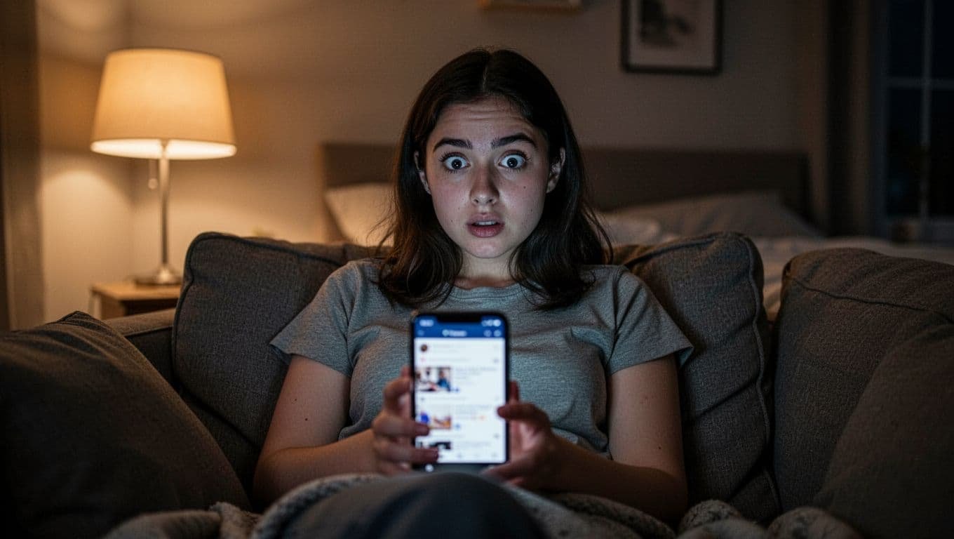 Young woman sitting on couch in dimly lit bedroom at night, holding smartphone viewing blurred Instagram feed with surprised expression upon noticing late-night activity or new followers.