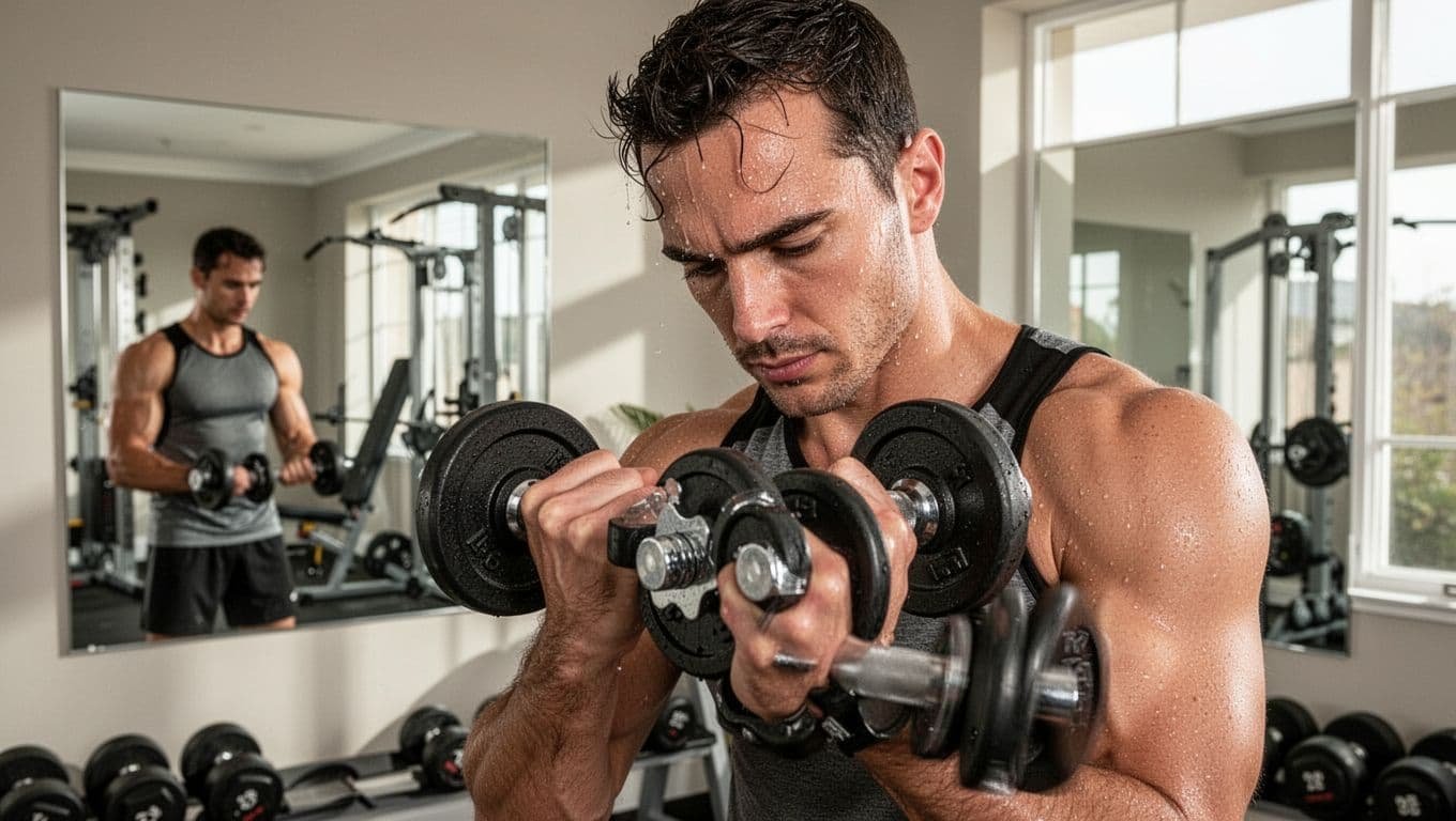 Close-up of a man in gym clothes lifting weights in a home gym, sweating and focused, with mirror reflection showing his new physique.