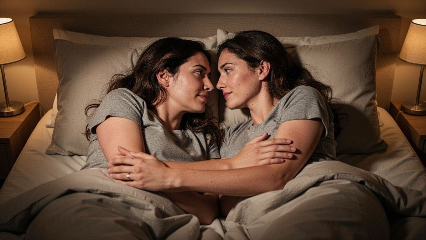 A couple in their late 20s to early 30s lies close together on a bed in a dimly lit bedroom, sharing a tender embrace and eye contact that conveys deep emotional and physical connection under warm bedside lamp lighting.