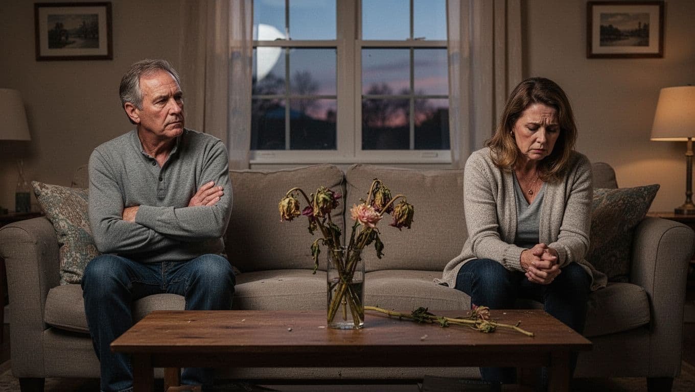 Middle-aged couple sitting on opposite ends of a couch in a dimly lit living room with tense expressions of quiet resentment, wilting flowers on the coffee table symbolizing fading hope.