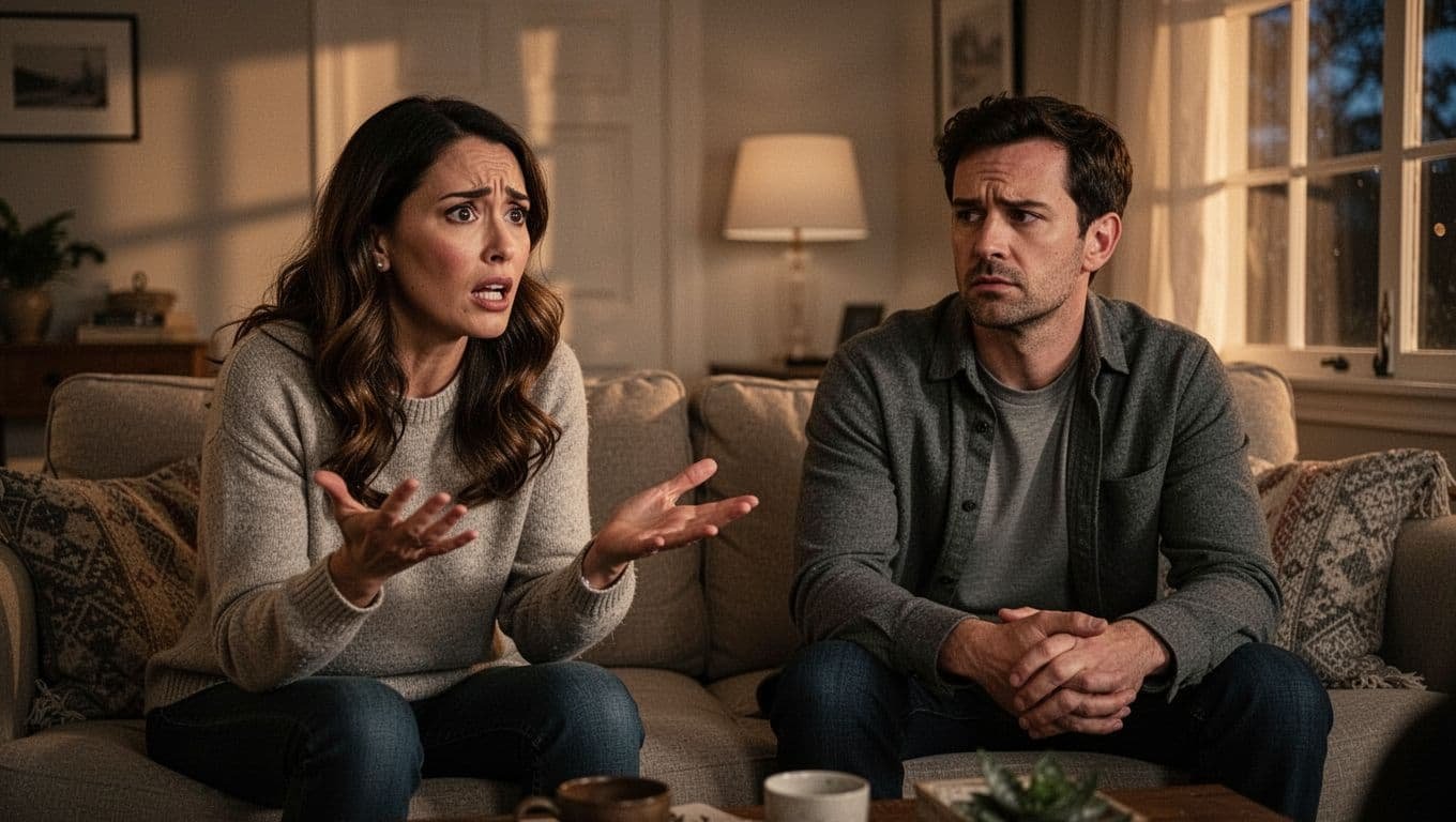 Adult couple in a cozy living room under soft evening light having a tense conversation, one partner anxiously overexplaining with gestures while the other looks distant, illustrating communication struggles and poor boundaries in marriage from past trauma.