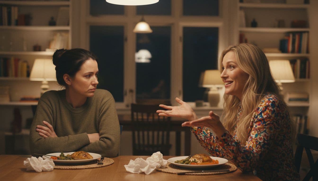 Two adult sisters at a kitchen table during family dinner, one frustrated and withdrawn, the other gesturing animatedly for attention, tense atmosphere with warm lighting.