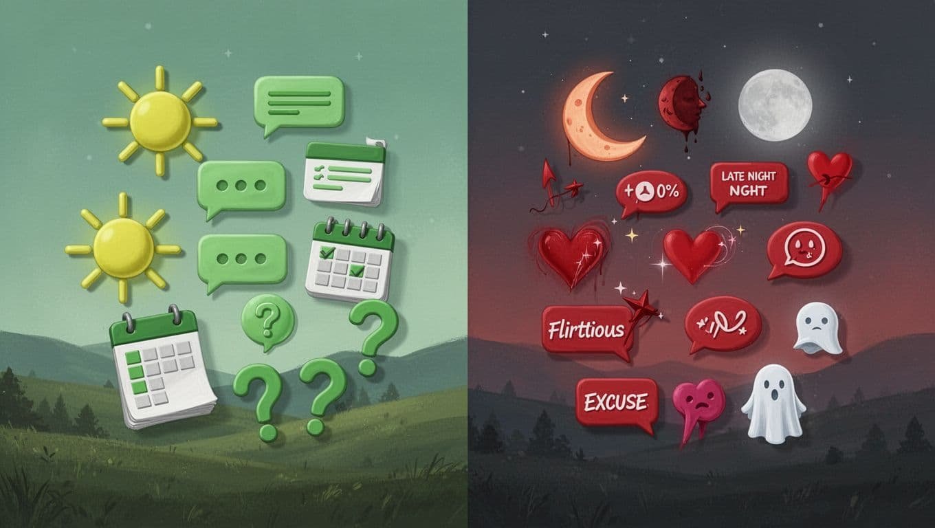 Split infographic vertically dividing green flags of serious texting (daytime sun, calendar plans, thoughtful chats) on the left from red flags of casual interest (night moon, late texts, ghosting) on the right, in vibrant illustrative style.