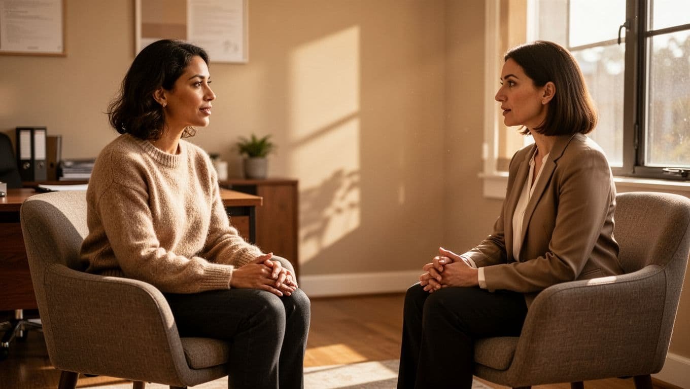 One person sits across from a therapist in a cozy office, engaged in calm conversation with warm window light.