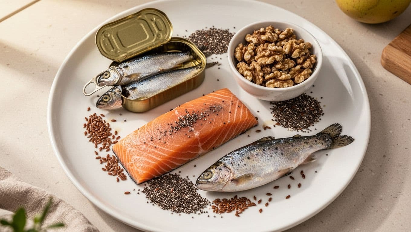 Top view of omega-3 rich foods on a white plate in a cozy kitchen: cooked salmon fillet, sardines, trout portion, walnuts, chia seeds, and flaxseeds, realistic photo with soft lighting.