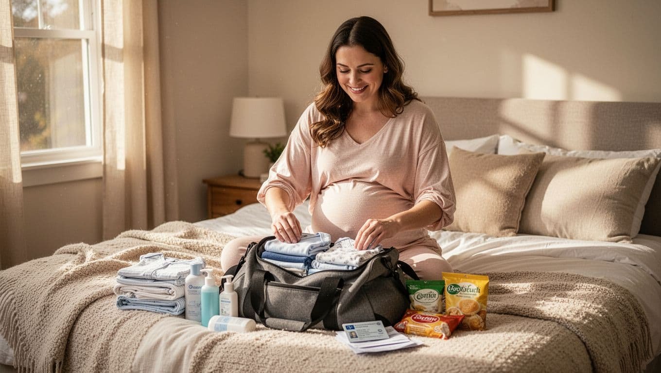 A third trimester pregnant woman in comfortable clothes packs her hospital bag on a cozy bed in a sunlit bedroom, carefully placing folded baby clothes, toiletries, ID documents, and snacks into an open duffel bag with a relaxed, excited expression.