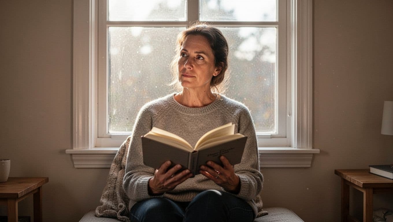An adult in their 30s sits calmly by a window with an open journal, lost in thoughtful reflection on family choices amid soft morning light. The simple cozy room emphasizes personal emotional processing without distraction.