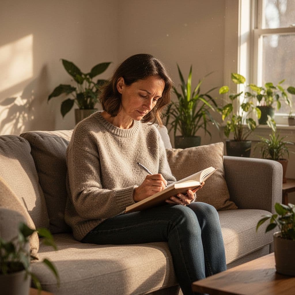 A single adult in their 30s sits alone in a cozy living room, thoughtfully journaling with a notebook and pen on their lap, bathed in soft warm afternoon light from the window.