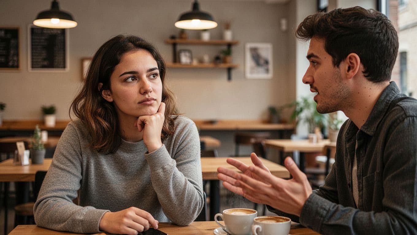 Two friends in a casual coffee shop setting, one looking reflective with a thoughtful expression while the other gestures animatedly, warm indoor lighting, realistic photo style.