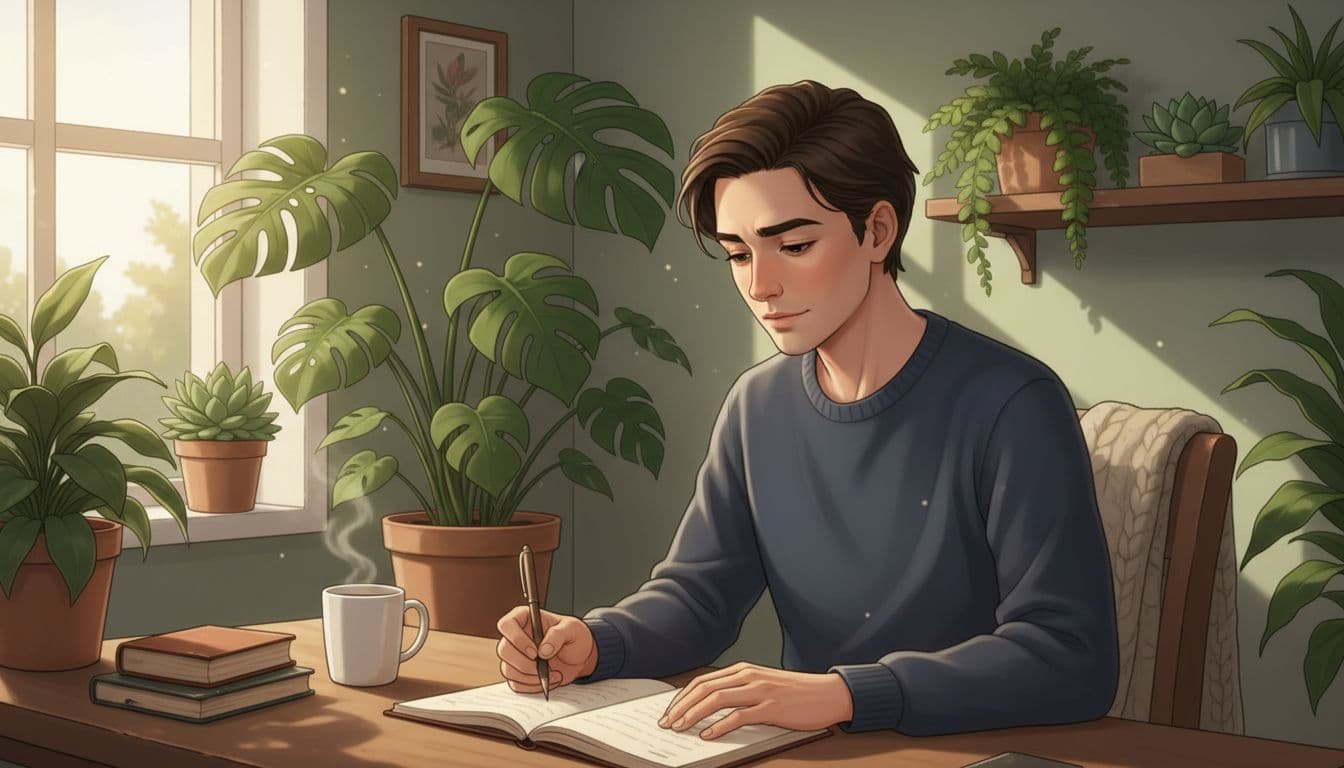 A person sits thoughtfully at a desk with a notebook, writing reflections with a calm focused expression in a cozy room with plants and natural daylight, realistic illustration of healthy journaling.