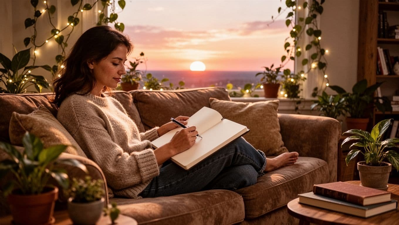 A single person sits relaxed on a comfortable couch in a warmly lit living room at sunset, thoughtfully writing in an open journal, with subtle symbolic vines representing growing trust and a horizon suggesting a positive future.