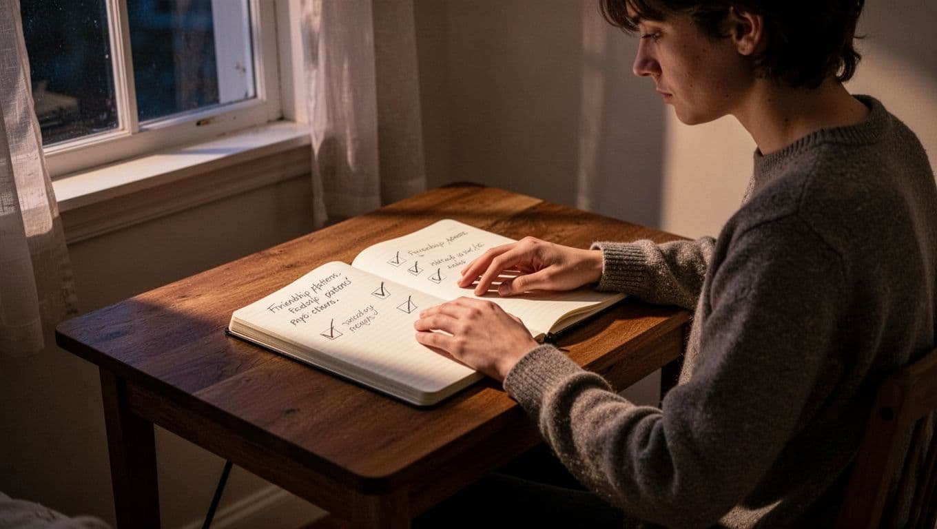 A person sits thoughtfully alone in a cozy room, reviewing notes on friendship patterns under soft evening light, holding a notebook with simple checkmarks in a relaxed pose.