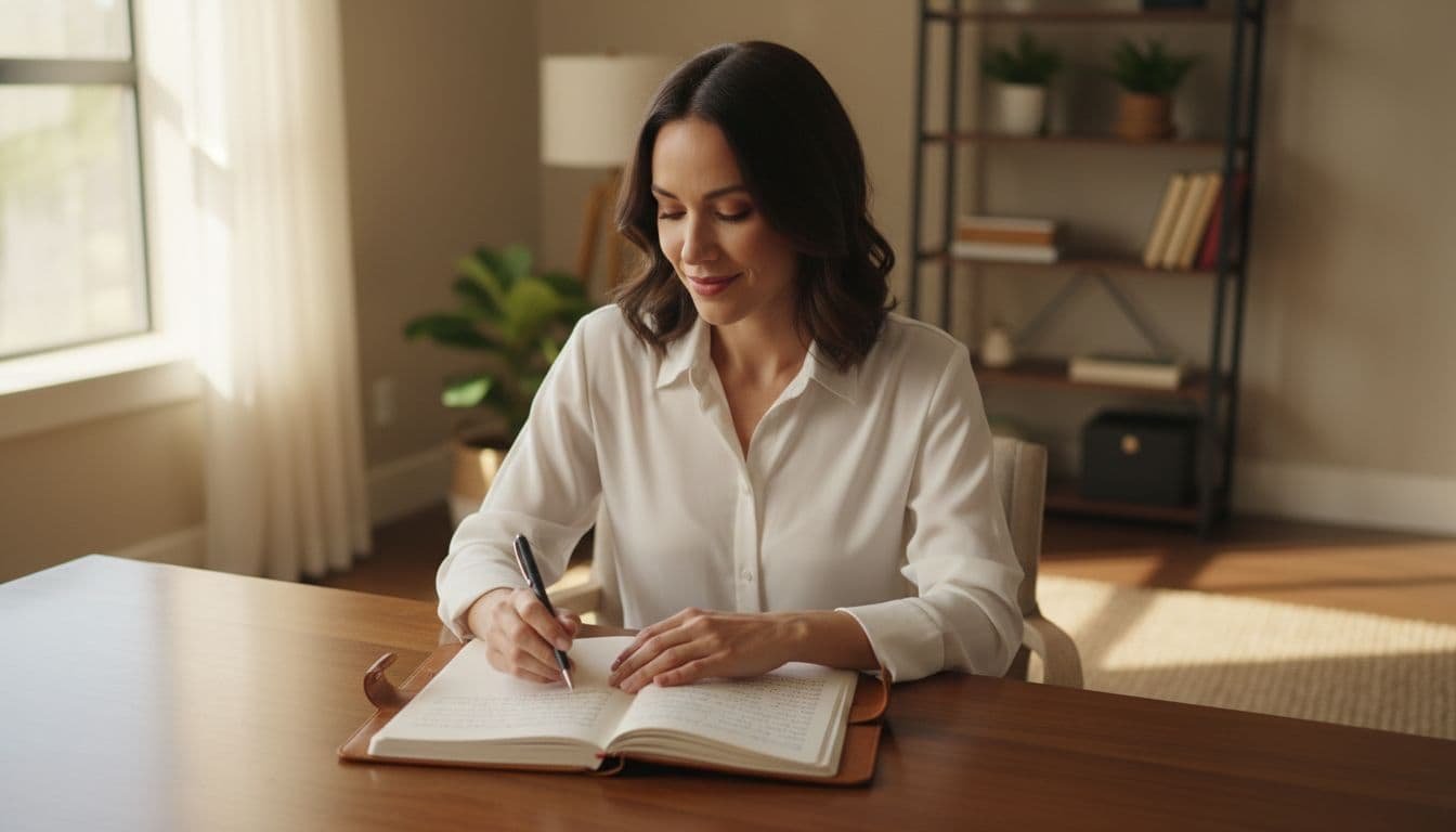 A calm and empowered woman sits at a desk in a quiet home office, gazing thoughtfully at an open journal filled with affirmations, holding a pen loosely in natural daylight with warm tones.