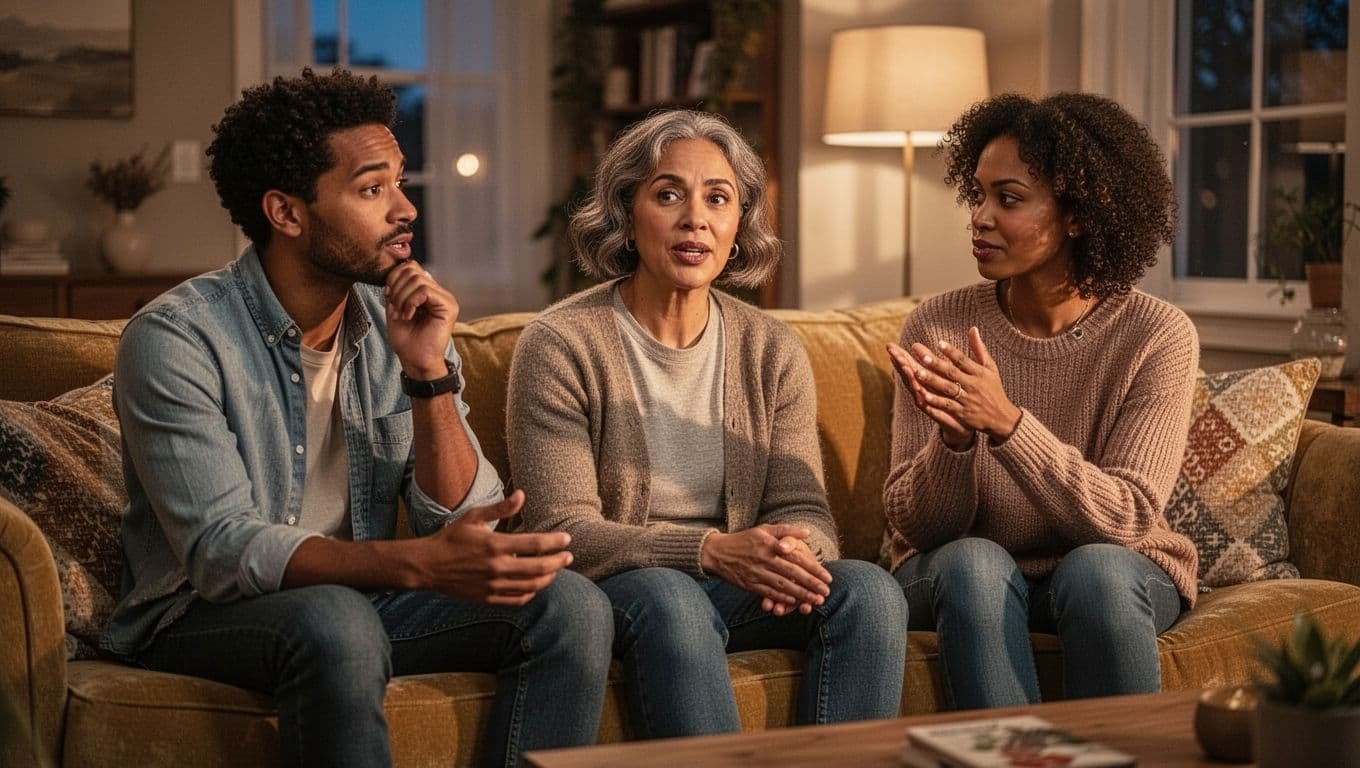 Diverse group of three adults seated comfortably in a cozy living room, one sharing a personal story with a thoughtful expression while the other two listen attentively with empathetic nods, in realistic photo style with soft warm evening lighting.