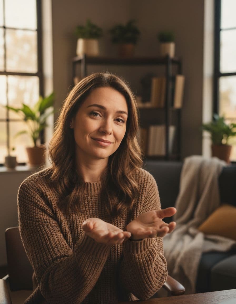 A kind empathetic woman in a cozy office extends a helping hand, appearing emotionally tired with subtle shadows, in warm natural light, realistic portrait style.