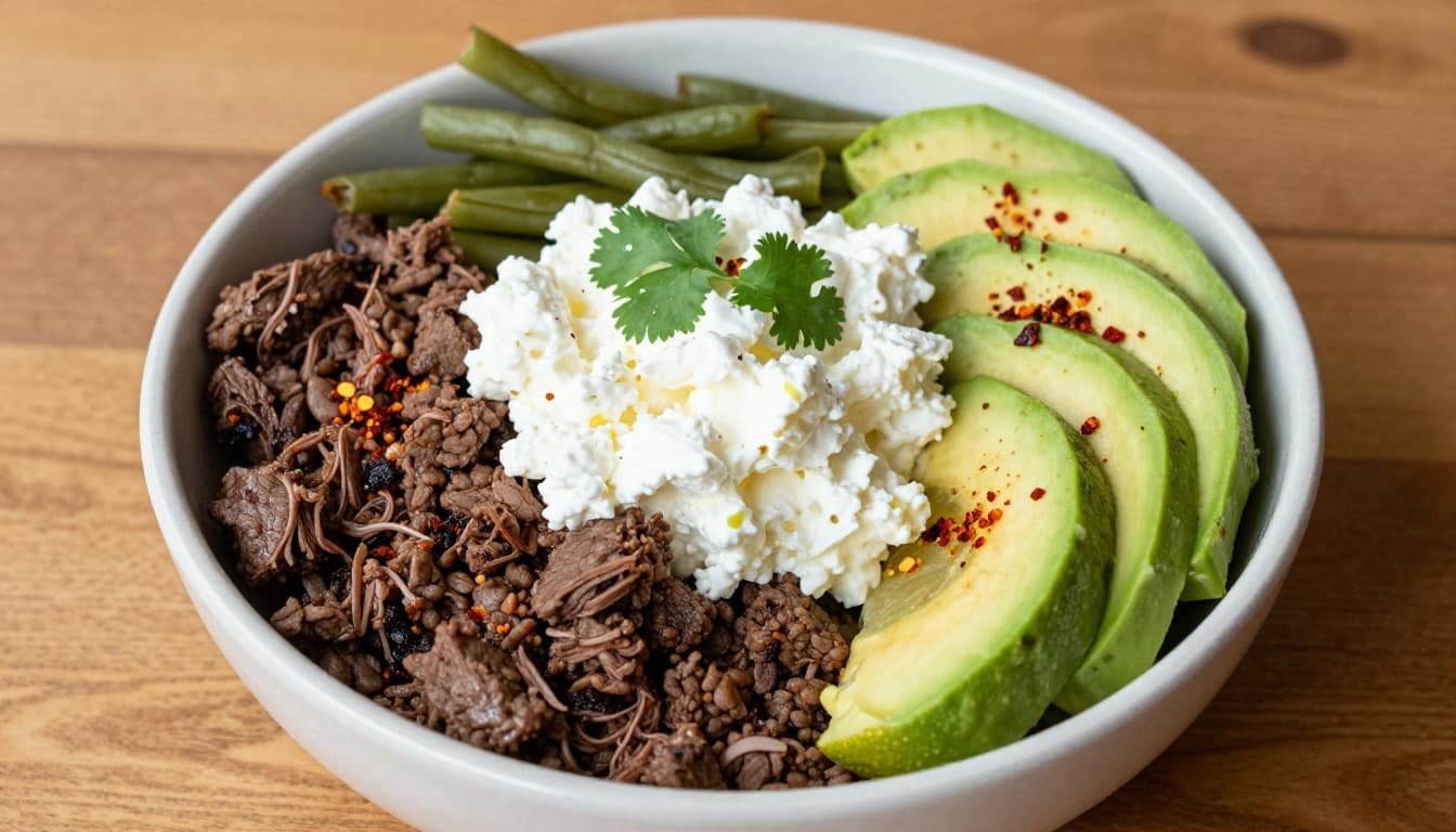 Top-down view of viral ground beef taco bowl on wooden table with seasoned crumbled ground beef, steamed green beans, sliced avocado, cottage cheese scoop, cilantro leaves, lime wedge, and chili flakes in natural daylight.