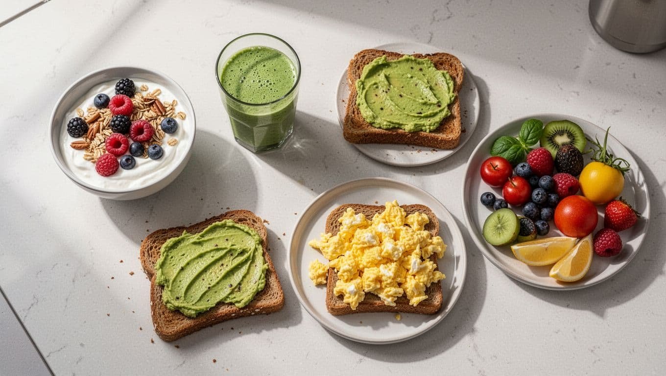 Top view of a kitchen counter in morning light showcasing five quick breakfast dishes: Greek yogurt bowl with berries, nuts, and granola; green smoothie; avocado toast on whole grain bread; scrambled eggs on toast; and fresh ingredients, loosely arranged with no text or people.