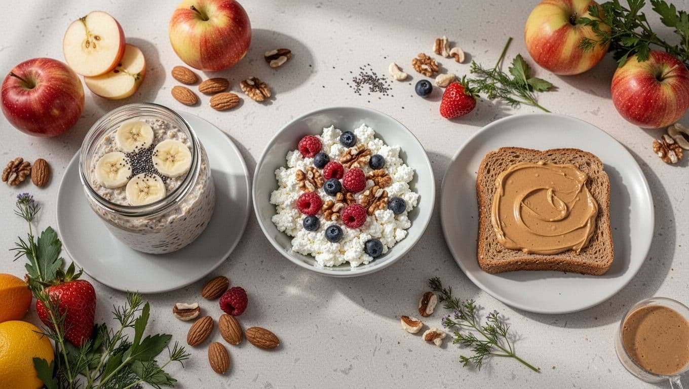 Top view of a kitchen counter with three easy, repeatable breakfasts: overnight oats with banana slices and chia seeds, cottage cheese topped with berries and nuts, and whole grain toast with peanut butter, surrounded by fresh ingredients in soft morning light.