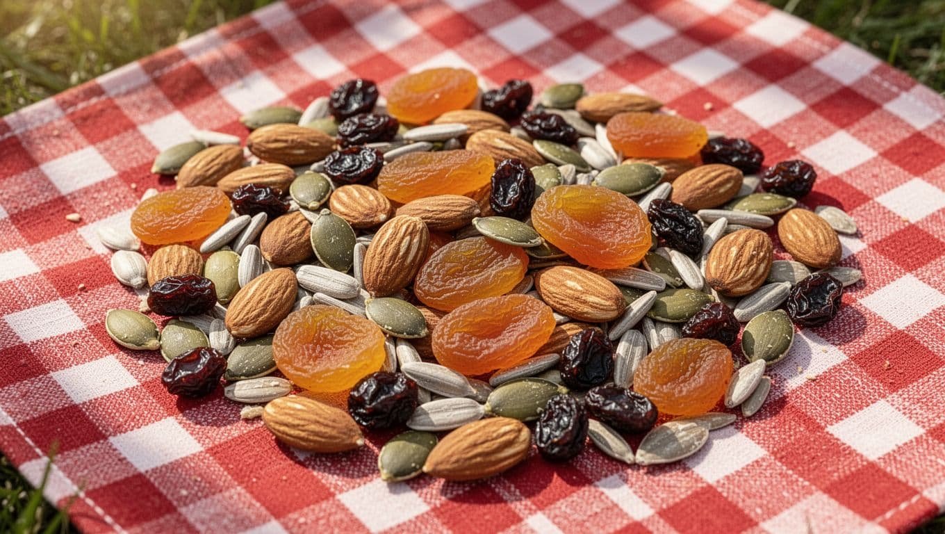Trail mix with almonds, pumpkin seeds, sunflower seeds, dried apricots, and raisins scattered on red checkered picnic blanket in sunny park.
