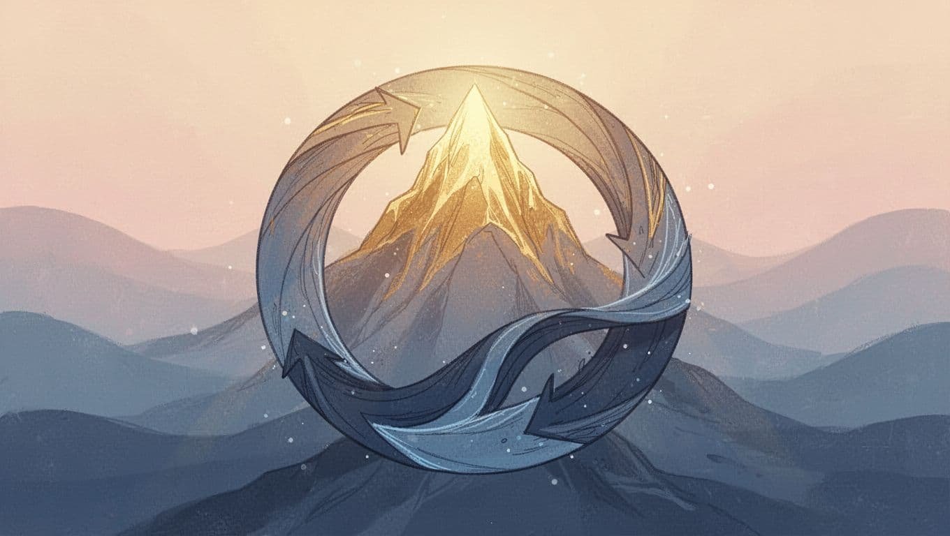 Looping circular path showing high peaks of love bombing in warm golden light and deep valleys of devaluing in cool blue shadows, illustrating the intermittent reward cycle in toxic relationships.