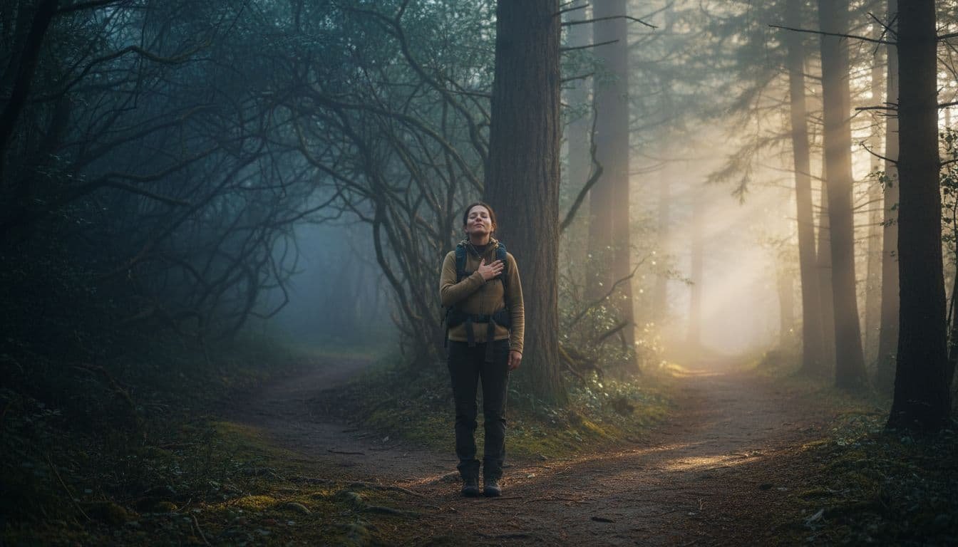 A solo person stands thoughtfully at a foggy trail fork in a forest, one path clear and sunny, the other twisted and dark, hand on heart listening to inner intuition in natural morning light.
