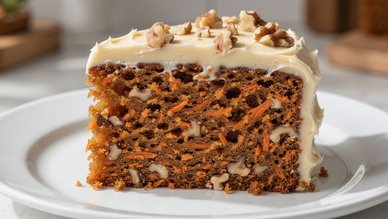 Close-up slice of ultra-moist carrot cake revealing tender crumb, carrot flecks, nuts, and thick cream cheese frosting on a white plate under soft natural lighting.
