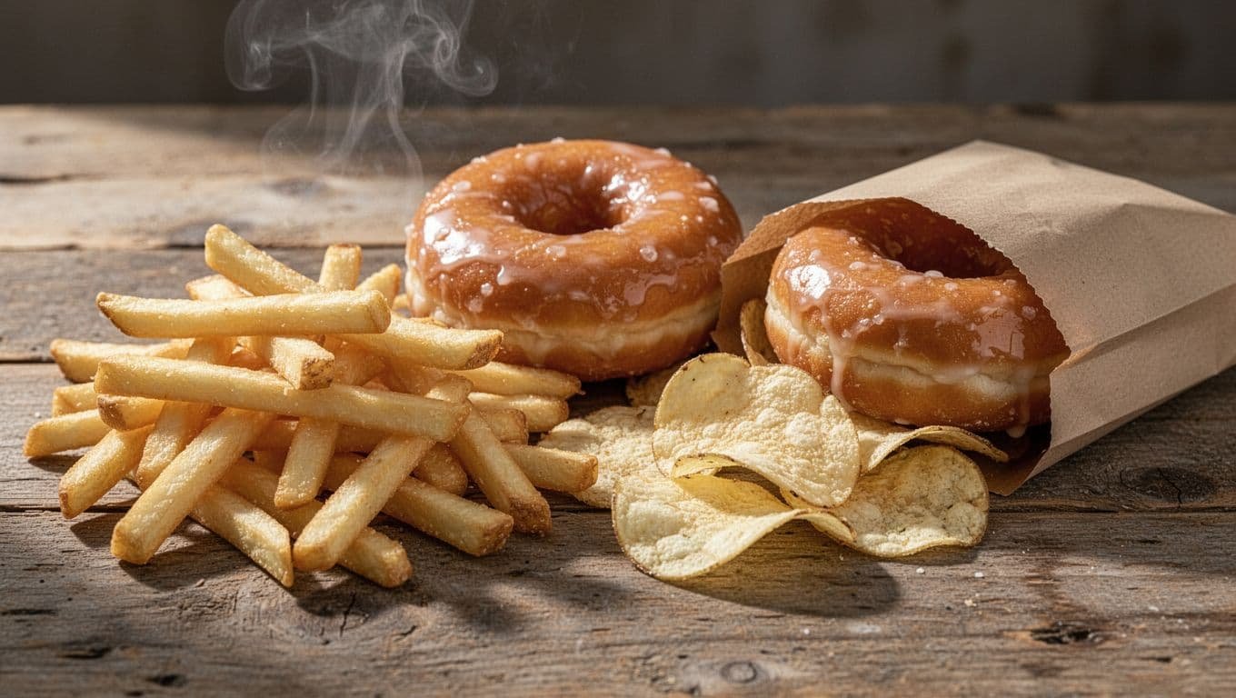 Close-up of steaming golden french fries, glazed donuts, spilling crispy potato chips, and stacked chocolate chip cookies on a rustic wooden table, captured in realistic food photography style with soft natural lighting and high-detail textures for an appetizing yet cautionary vibe.