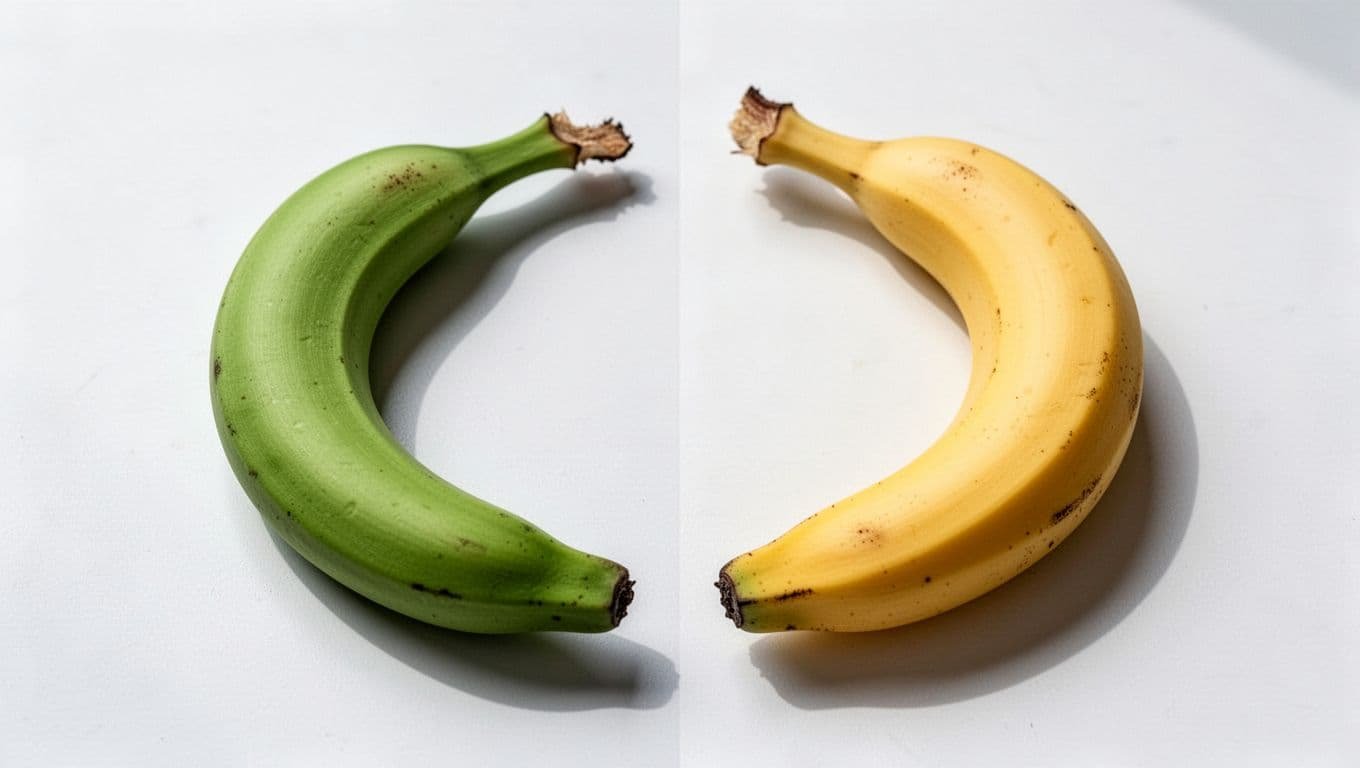 Split-image comparison featuring a green unripe banana on the left and a yellow ripe banana on the right against a white background with subtle gut icon overlay, emphasizing ripeness differences on digestion.