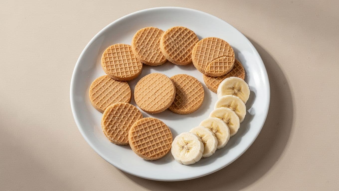 Classic vanilla wafers scattered on a white plate with fresh banana slices nearby, photorealistic top-down composition with soft even lighting on neutral background.