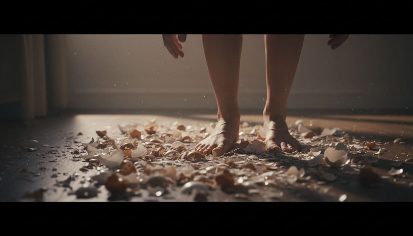 A close-up view of feet walking carefully on a path covered with cracked eggshells in a dimly lit room, symbolizing caution and tension in realistic photography style with soft shadows and high detail.