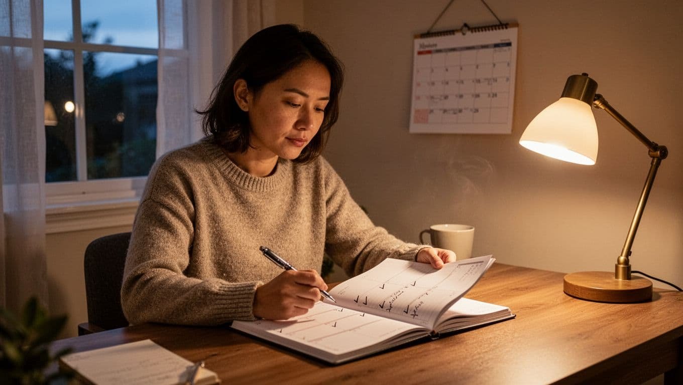 One person at a home desk in soft evening light reviews an open weekly journal with habit checkmarks, showing a calm focused expression, pen in hand, simple lists visible, cozy room with lamp and wall calendar, realistic photo.