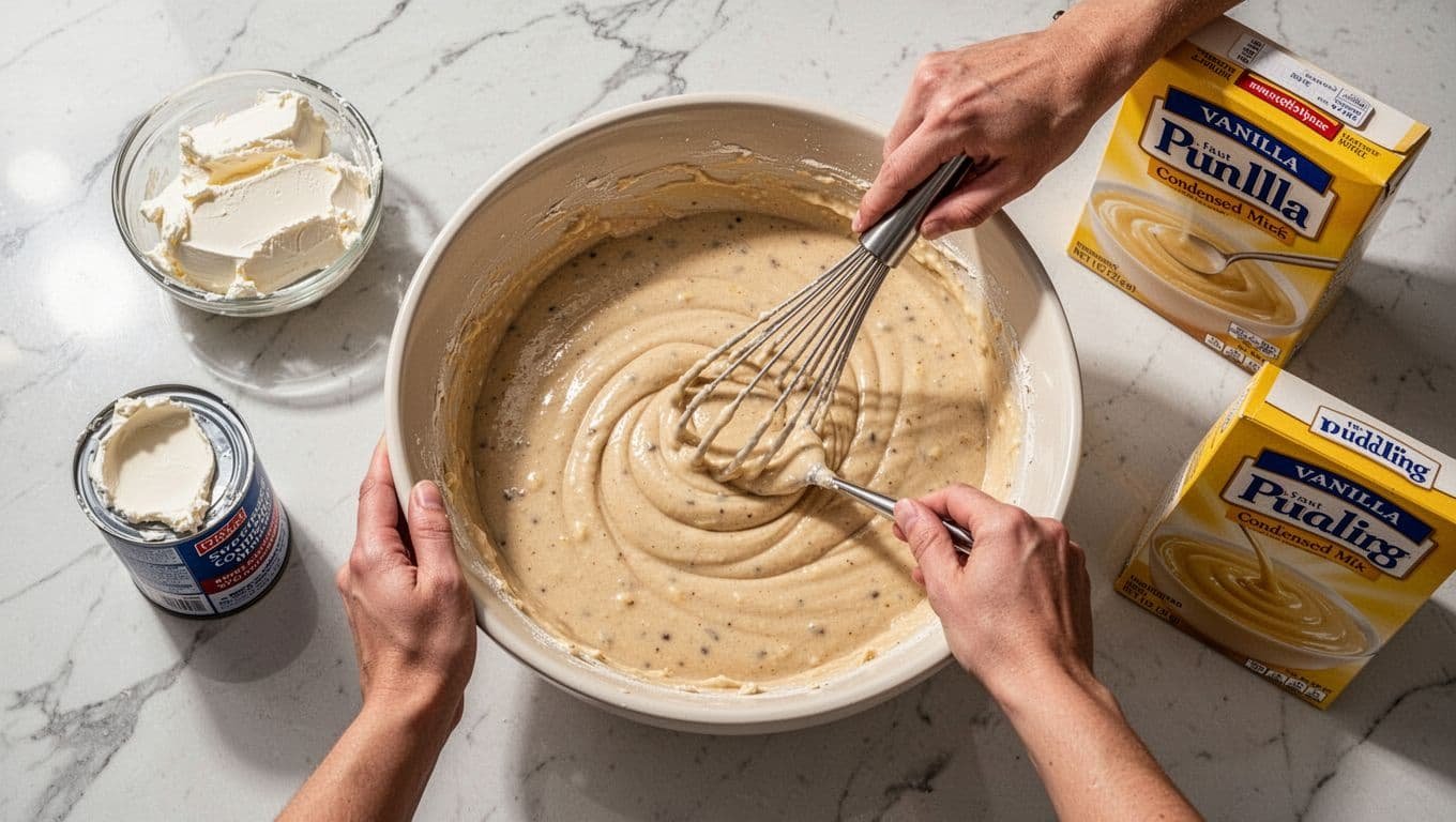 Close-up top-down view of hands whisking smooth, lump-free banana pudding filling in a large mixing bowl on a marble counter, with softened cream cheese, sweetened condensed milk can, and vanilla pudding mix box nearby.