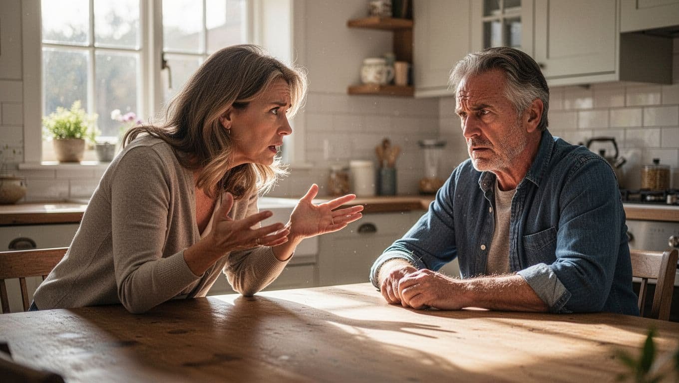 Realistic photograph of a middle-aged couple arguing at a sunlit kitchen table, with the wife leaning forward assertively gesturing and the husband sitting back looking frustrated and defeated.