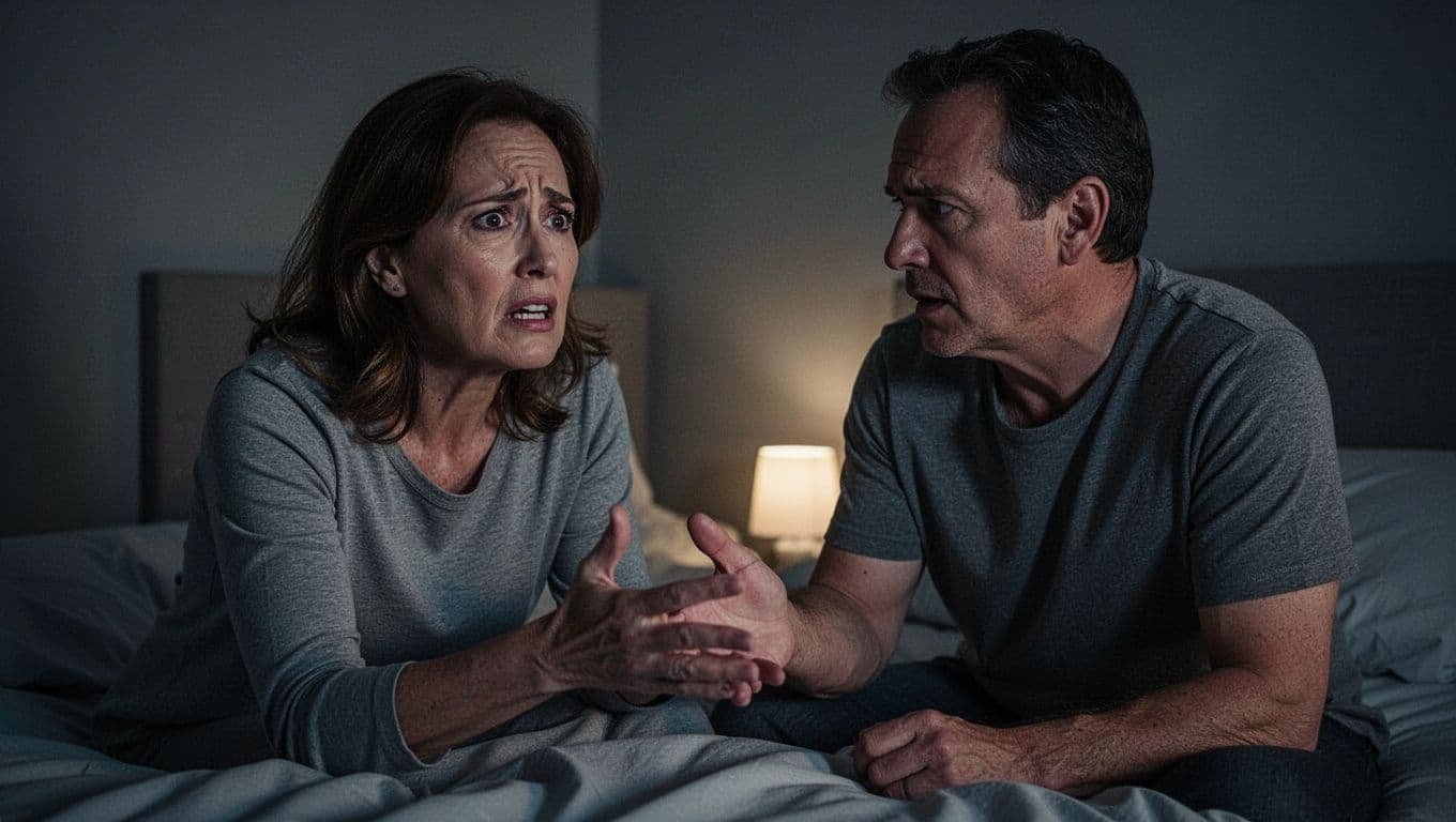 Middle-aged wife in dimly lit bedroom at night flinches fearfully from her husband's approaching hand during an intimate moment, showing emotional hurt from harsh words, while husband looks concerned.