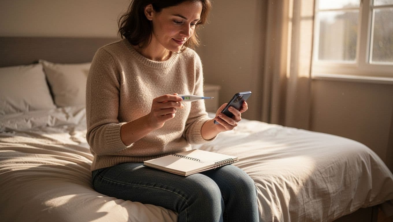 A woman in her early 30s sits on the bed edge in a cozy bedroom with morning light, taking basal body temperature using an oral thermometer while checking a phone app and noting in a journal.