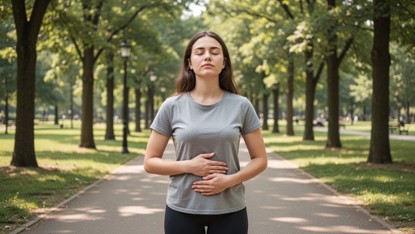 Young woman in late 20s with relaxed posture performs deep breathing exercise on sunny park path, hand on abdomen, eyes closed in serene expression, casual outfit amid trees.